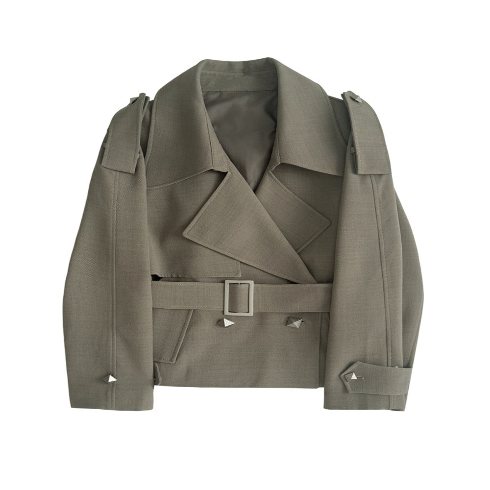 PIAOIN European and American metal rivet design high waist long windbreaker women s loose commuting autumn and winter windbreaker jacket new style image 5