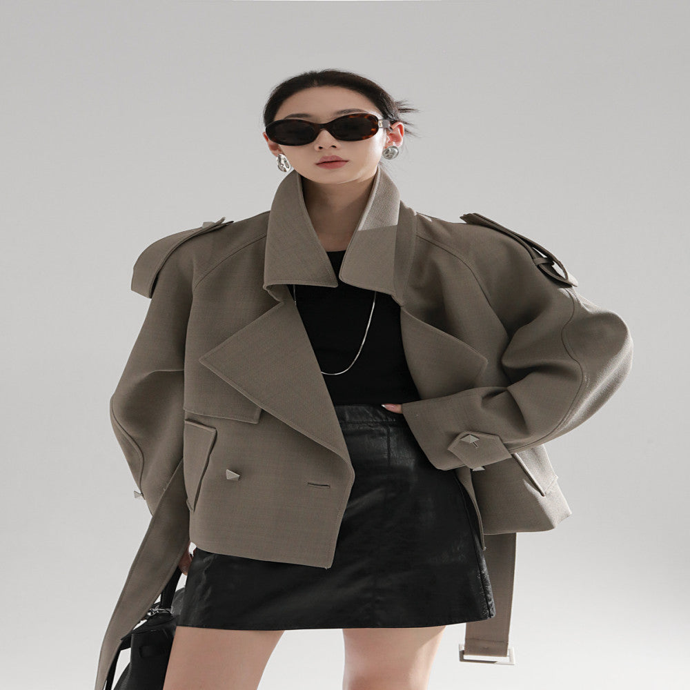 ASAYA3701 : Metal rivet design high waist long windbreaker women's loose jacket