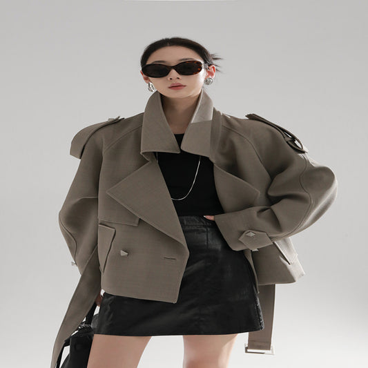 ASAYA3701 : Metal rivet design high waist long windbreaker women's loose jacket