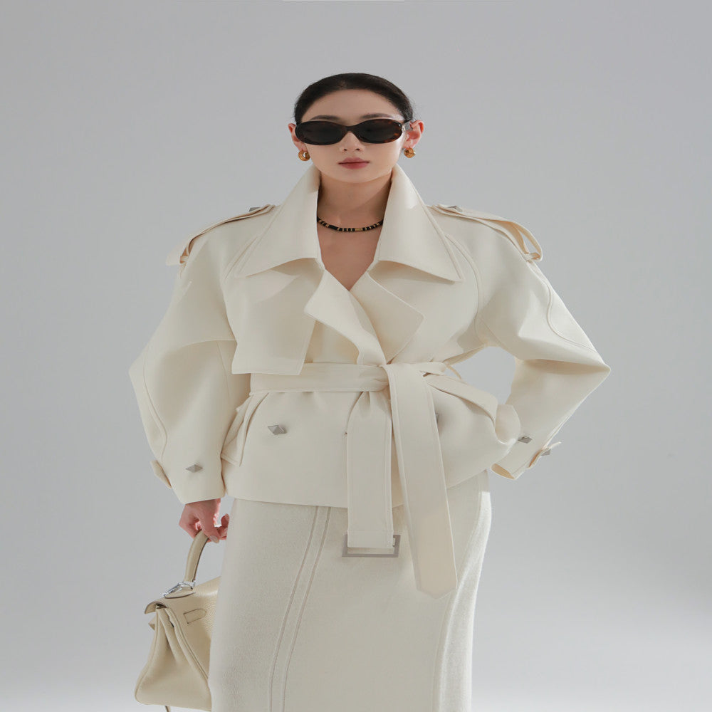 PIAOIN European and American metal rivet design high waist long windbreaker women s loose commuting autumn and winter windbreaker jacket new style image 11