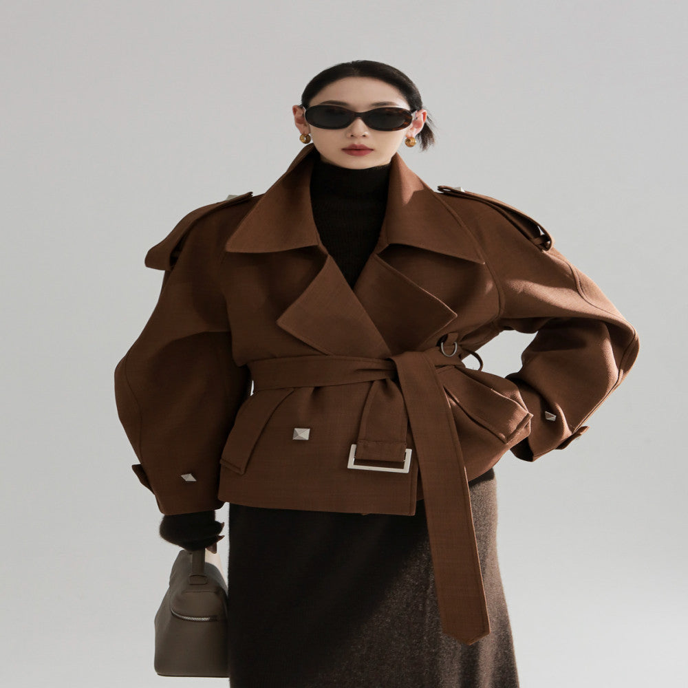 PIAOIN European and American metal rivet design high waist long windbreaker women s loose commuting autumn and winter windbreaker jacket new style image 15