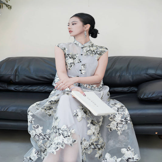 ASAYA3697 Moon and Stars Chinese Style Jacquard Beaded Embroidered Top Elastic Waist Skirt Set