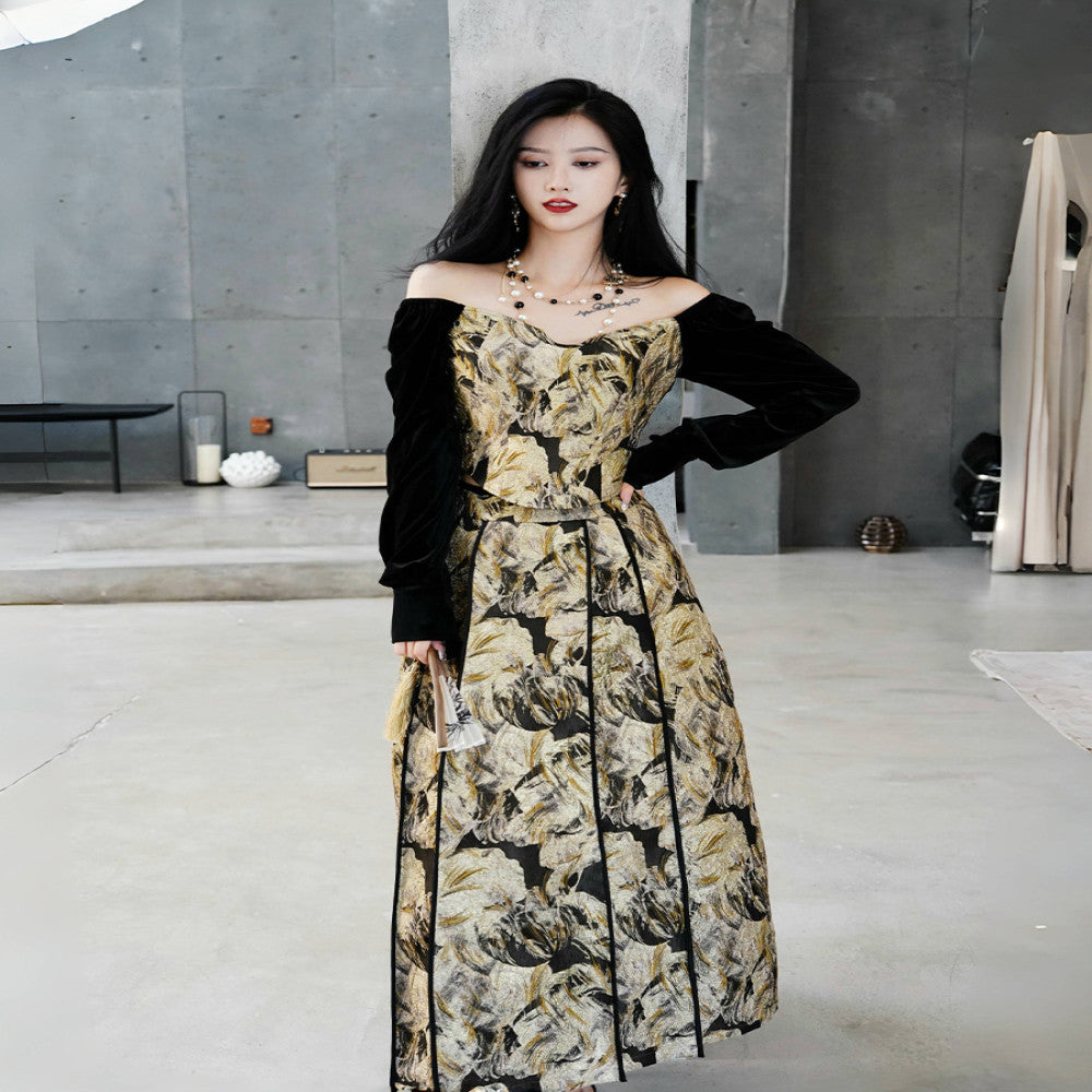 Cheng Yu Gao Ding Jin Lang Ma Mian French Chinese style velvet jacquard top improved Ma Mian skirt half skirt set image 5