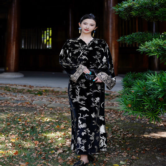 ASAYA3693 [Obsidian Jinhong] New Chinese style black and gold diamond velvet flower two-wear coat dress