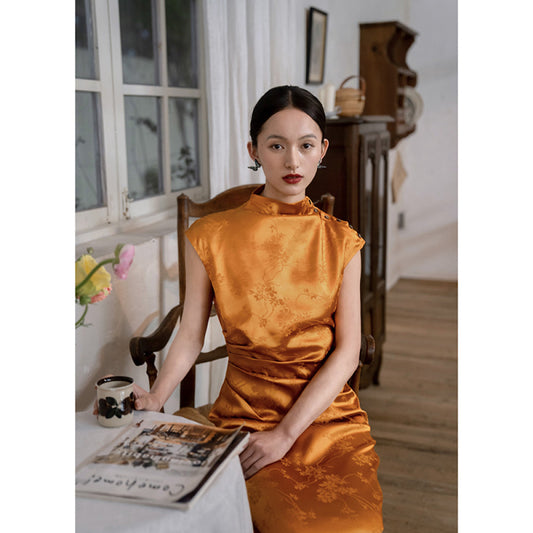 ASAYA3689 Chinese style half-high collar jacquard satin cheongsam slim dress (2 Colors)