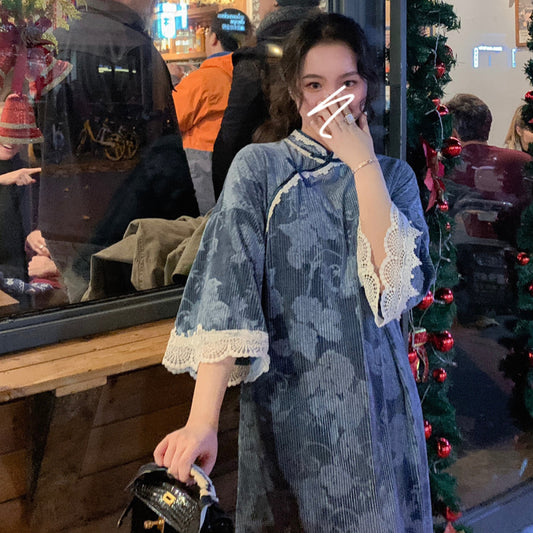 ASAYA3680 French plane tree velvet autumn and winter new improved version of cheongsam young girl dress