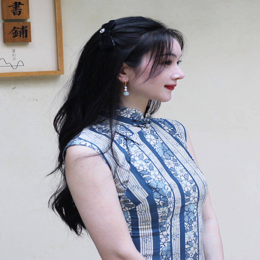 Daily wearable 2025 semi open collar mid length retro artistic silk replica printed cotton silk cheongsam skirt with floral pattern image 8