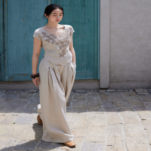 ASAYA3665 Designer hand-painted peony flowers | Heavy yarn-dyed linen | Slim-fit vest, short sleeves and wide-leg pants