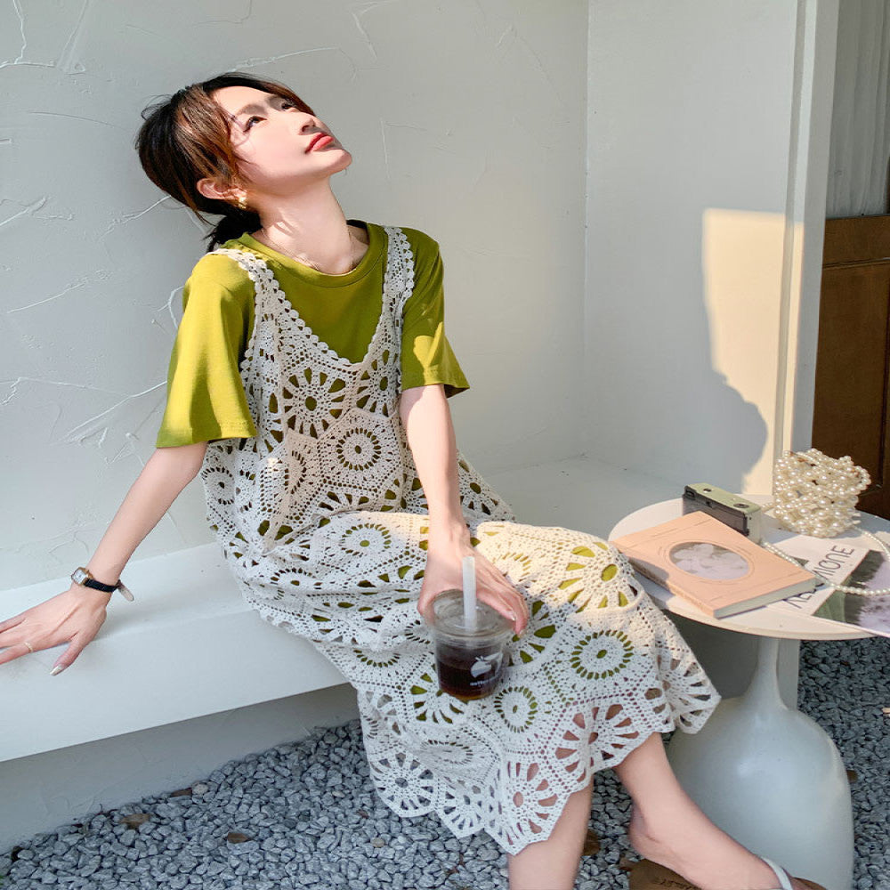 This year s popular layered dress suits for women summer 2024 new French T shirt dress knitted suspender skirt two piece suit image 5
