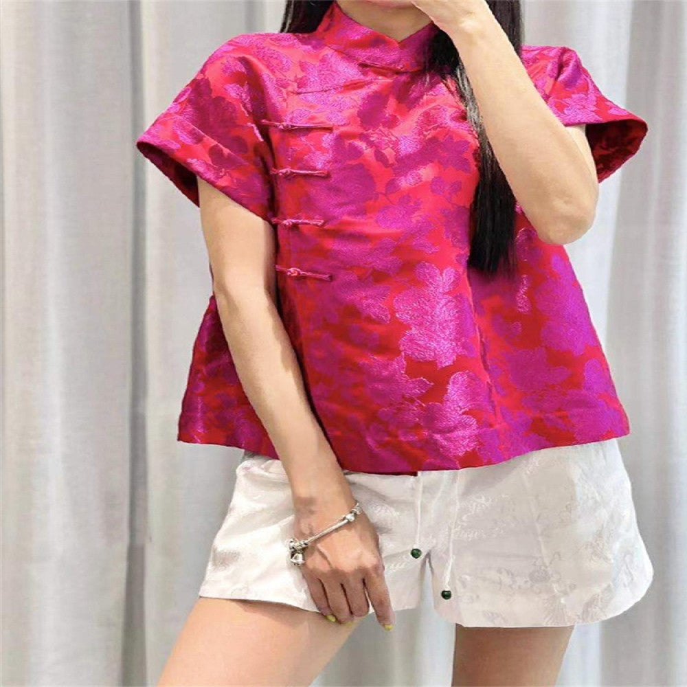 Town store treasure PYJ153 white rose red short sleeved shirt bottoming shirt Chinese style retro small shirt top spring and summer women image 31