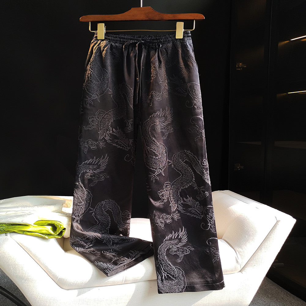 Retro dragon pattern embroidered narrow version wide leg pants for women in winter new Chinese style elastic high waist slimming straight leg casual pants for autumn image 2