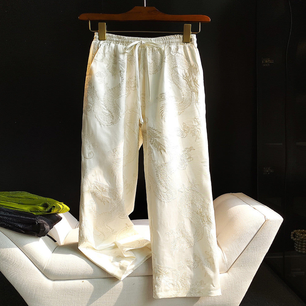 Retro dragon pattern embroidered narrow version wide leg pants for women in winter new Chinese style elastic high waist slimming straight leg casual pants for autumn image 0