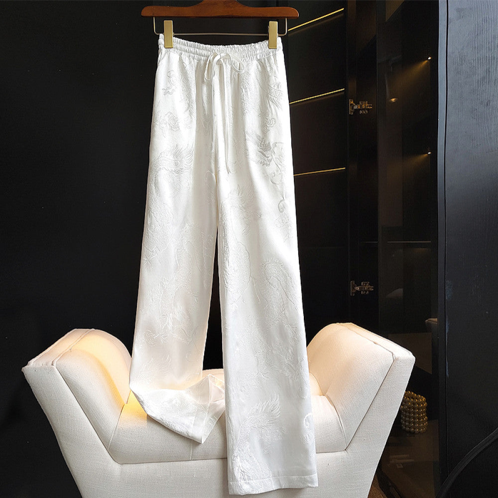 Retro dragon pattern embroidered narrow version wide leg pants for women in winter new Chinese style elastic high waist slimming straight leg casual pants for autumn image 38