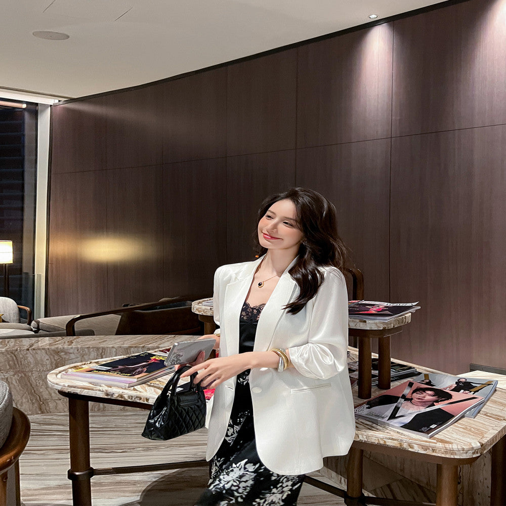 Black acetate satin seven quarter sleeved suit jacket for women thin style 2025 summer new commuting versatile and slimming suit image 1