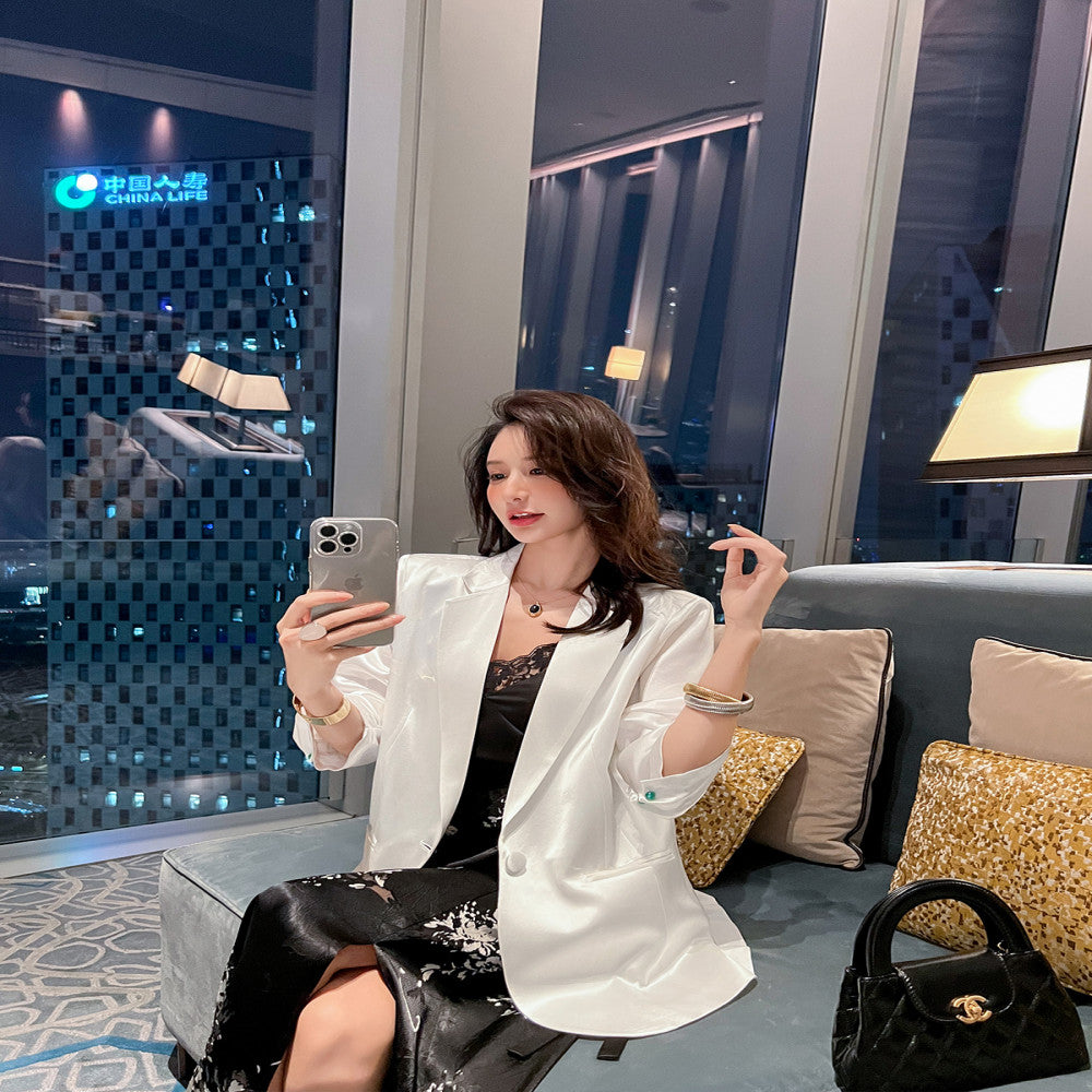 Black acetate satin seven quarter sleeved suit jacket for women thin style 2025 summer new commuting versatile and slimming suit image 2