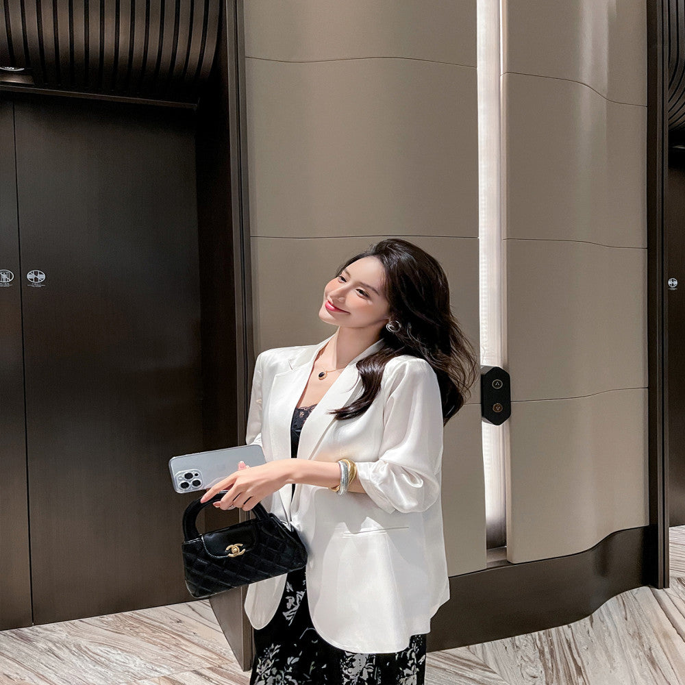 Black acetate satin seven quarter sleeved suit jacket for women thin style 2025 summer new commuting versatile and slimming suit image 4