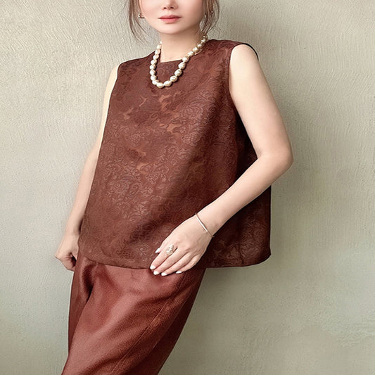 ASAYA3643 Retro cut flower hollow red ramie red cloud yarn sleeveless T-shirt vest top