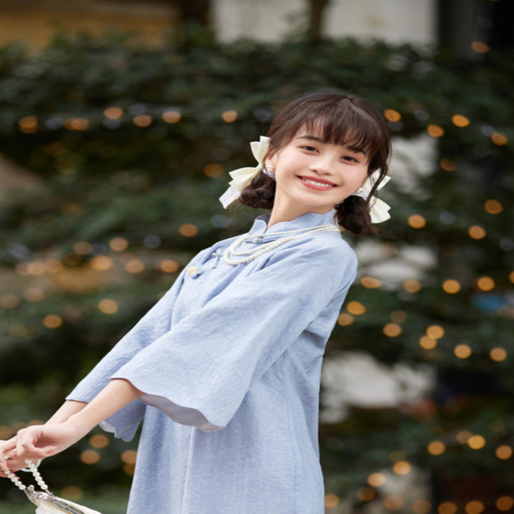 Seeking Eden original blue petal collar with seven quarter sleeves medium long style for girls retro ancient style cheongsam young style inverted large sleeves image 4