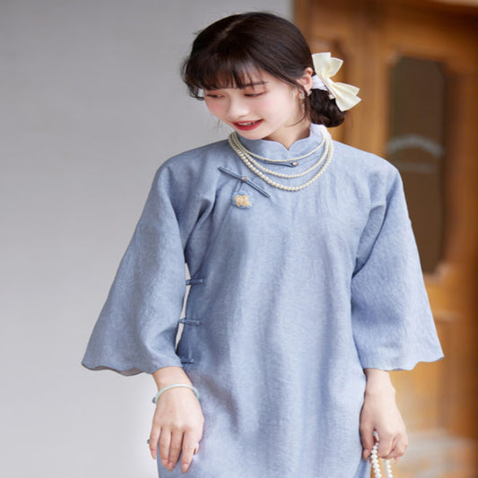 ASAYA3640 original blue petal collar three-quarter sleeves medium-length girl retro ancient cheongsam young style inverted large sleeves