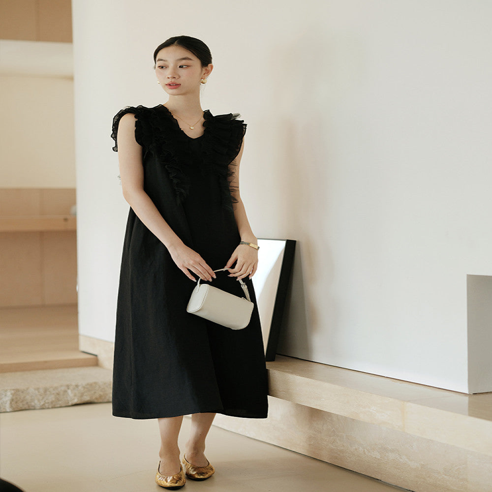 Jiaqi Customized High end Retro Sweet Older Girl Linen Ruffle Loose Fashionable and Comfortable Dress image 4