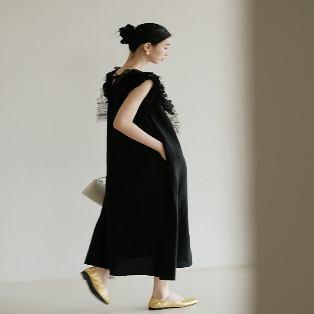 Jiaqi Customized High end Retro Sweet Older Girl Linen Ruffle Loose Fashionable and Comfortable Dress image 0