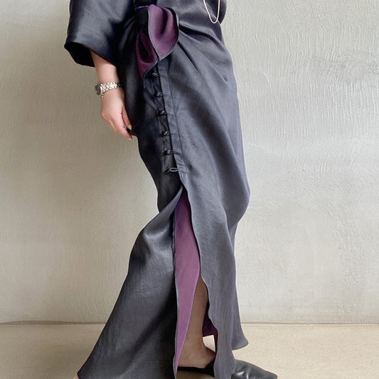 ASAYA3635 Exquisite new Chinese style black and purple Xiangyun silk short-sleeved cheongsam dress (2 Colors)