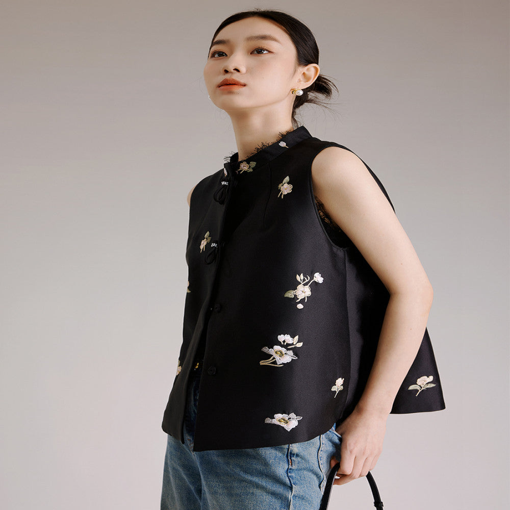 Jiaqi Custom Silk and Wool Texture Heavy Work Positioning High Density Embroidery Embroidered Lace Stand up Collar Chinese Style Fashion Vest image 1