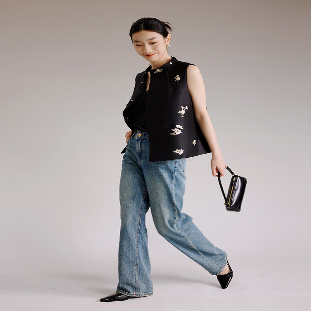 Jiaqi Custom Silk and Wool Texture Heavy Work Positioning High Density Embroidery Embroidered Lace Stand up Collar Chinese Style Fashion Vest image 3