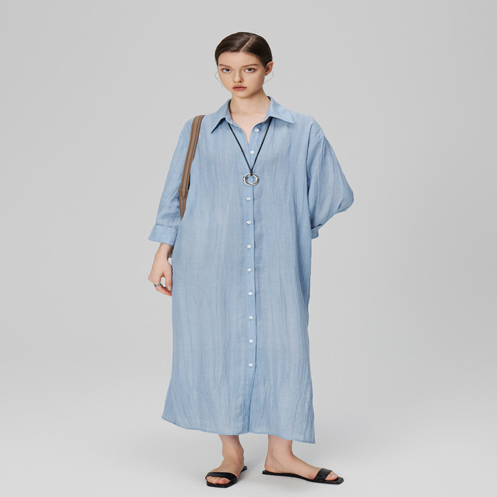 Marryher wheat and wheat lazy casual minimalist pleated ramie long skirt light blue shirt dress women s summer image 4