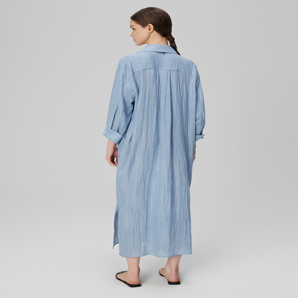 Marryher wheat and wheat lazy casual minimalist pleated ramie long skirt light blue shirt dress women s summer image 5