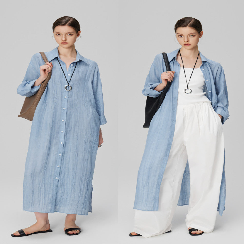 Marryher wheat and wheat lazy casual minimalist pleated ramie long skirt light blue shirt dress women s summer image 0