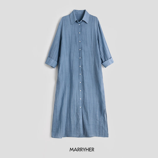 ASAYA3627 Wheat and Grape lazy and casual minimalist pleated ramie long skirt light blue shirt-style dres