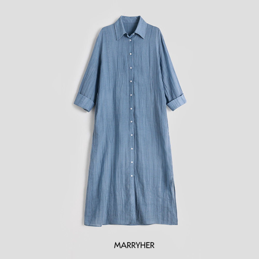 Marryher wheat and wheat lazy casual minimalist pleated ramie long skirt light blue shirt dress women s summer image 11