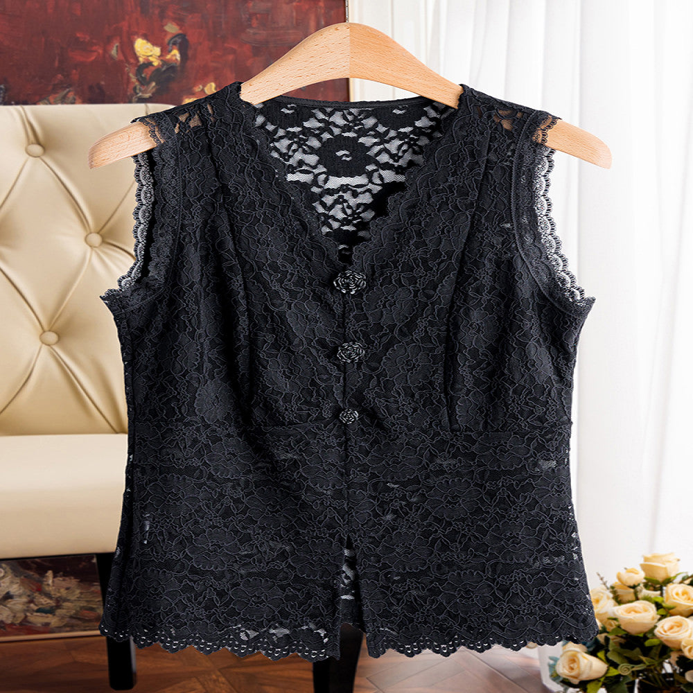 Everything can be worn in all seasons Hollow lace bottom camisole vest for women with V neck perfect for wearing on the outside and on the inside with a beautiful back image 2