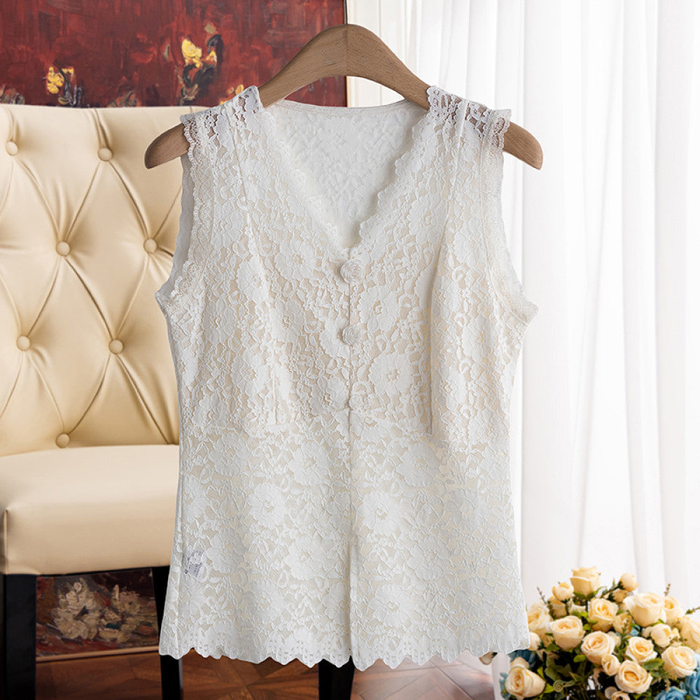 Everything can be worn in all seasons Hollow lace bottom camisole vest for women with V neck perfect for wearing on the outside and on the inside with a beautiful back image 8