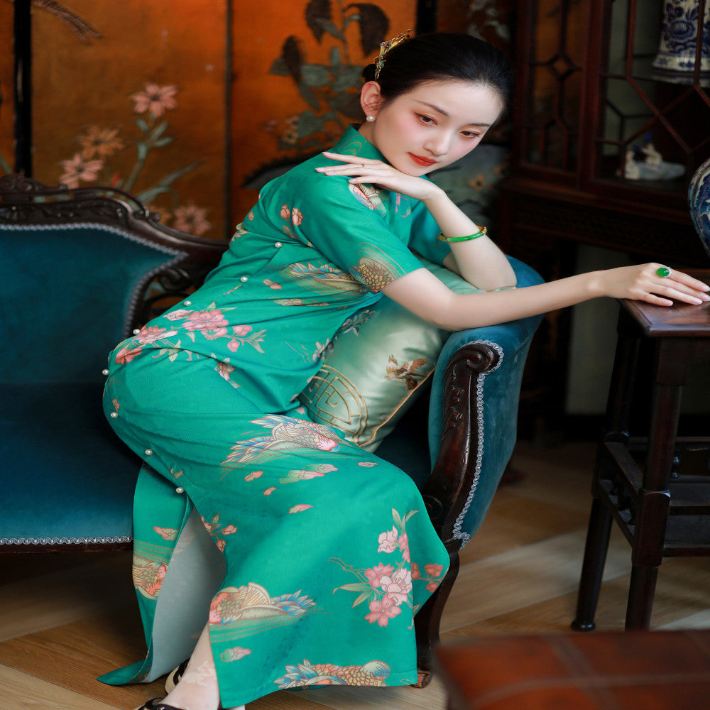 Mandarin Dream Lotus Boat One City Wind Plush Summer Blue Green Mandarin Duck Printed Chinese style Pan Button Full Open Cheongsam Skirt for Women image 2