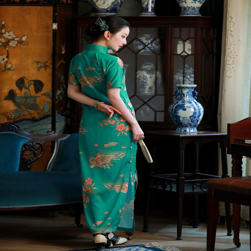 Mandarin Dream Lotus Boat One City Wind Plush Summer Blue Green Mandarin Duck Printed Chinese style Pan Button Full Open Cheongsam Skirt for Women image 3