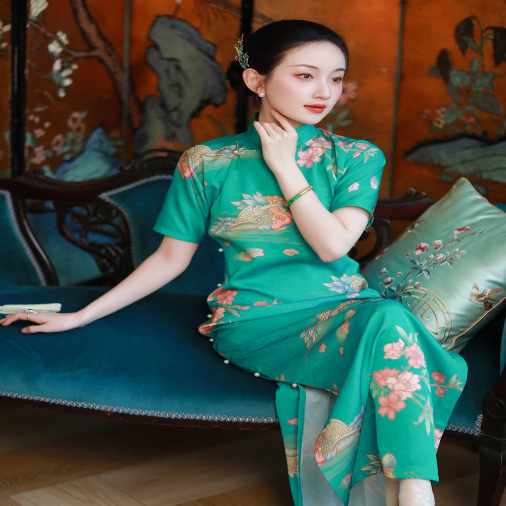 Mandarin Dream Lotus Boat One City Wind Plush Summer Blue Green Mandarin Duck Printed Chinese style Pan Button Full Open Cheongsam Skirt for Women image 4