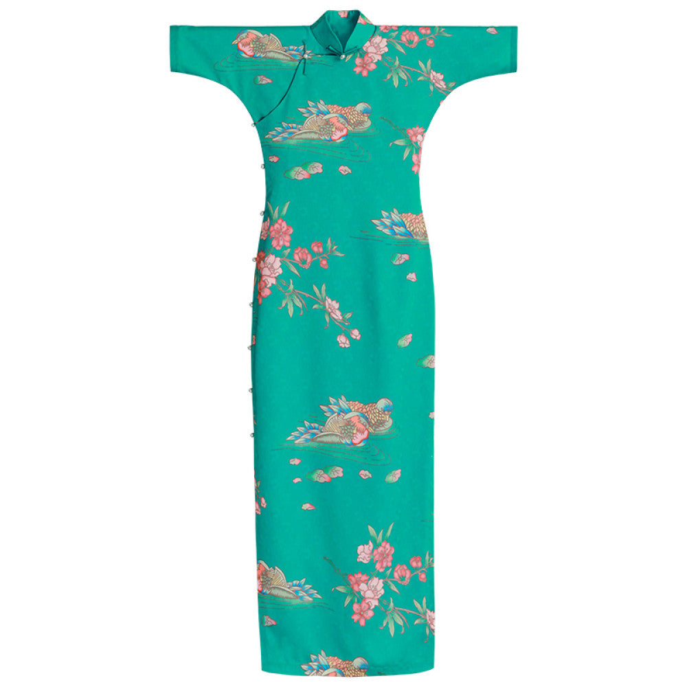 Mandarin Dream Lotus Boat One City Wind Plush Summer Blue Green Mandarin Duck Printed Chinese style Pan Button Full Open Cheongsam Skirt for Women image 11