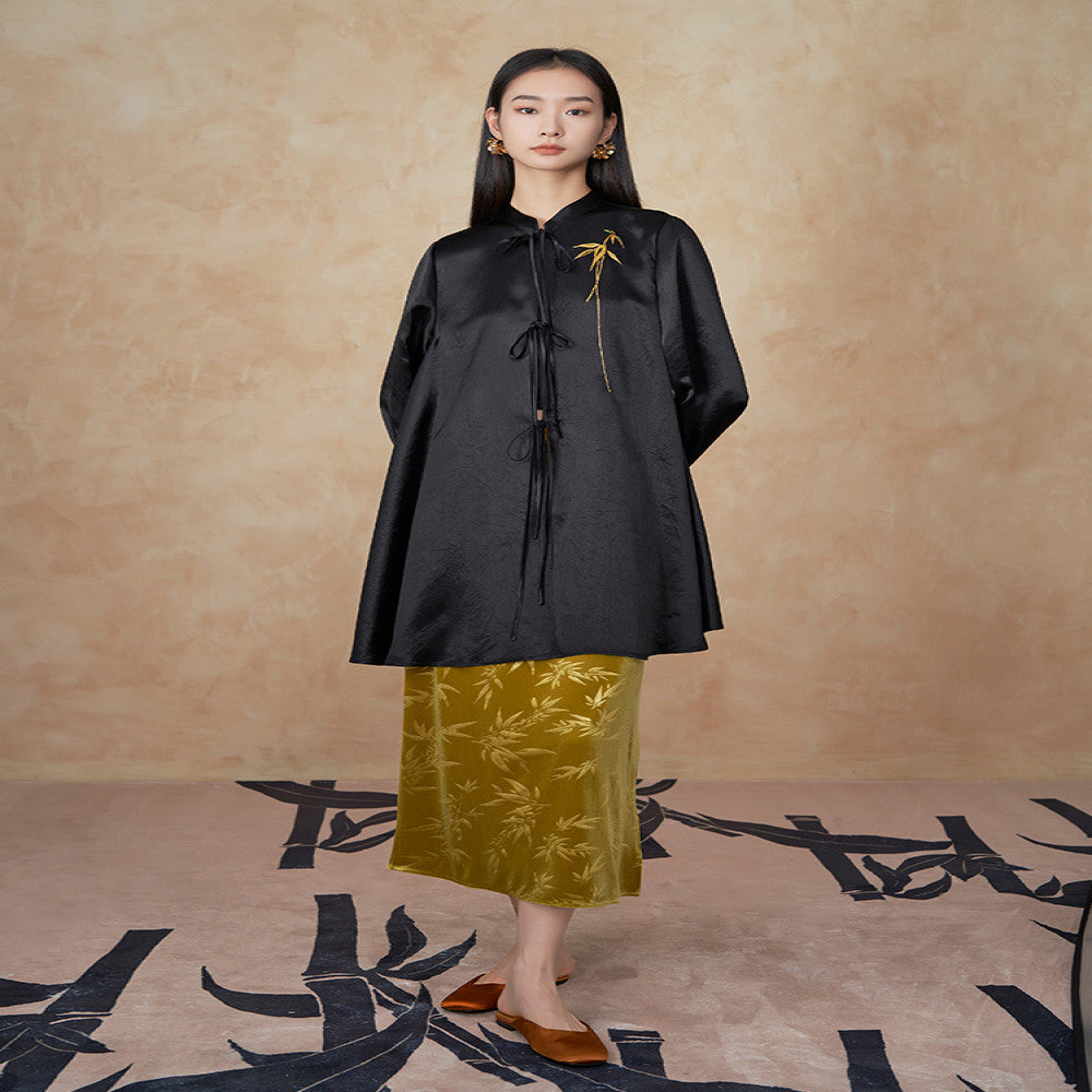 Tang style midi skirt for women made of glass gold velvet with a new Chinese style bamboo leaf pattern design exuding a luxurious and luxurious atmosphere with an ancient charm and a long skirt for sp image 2