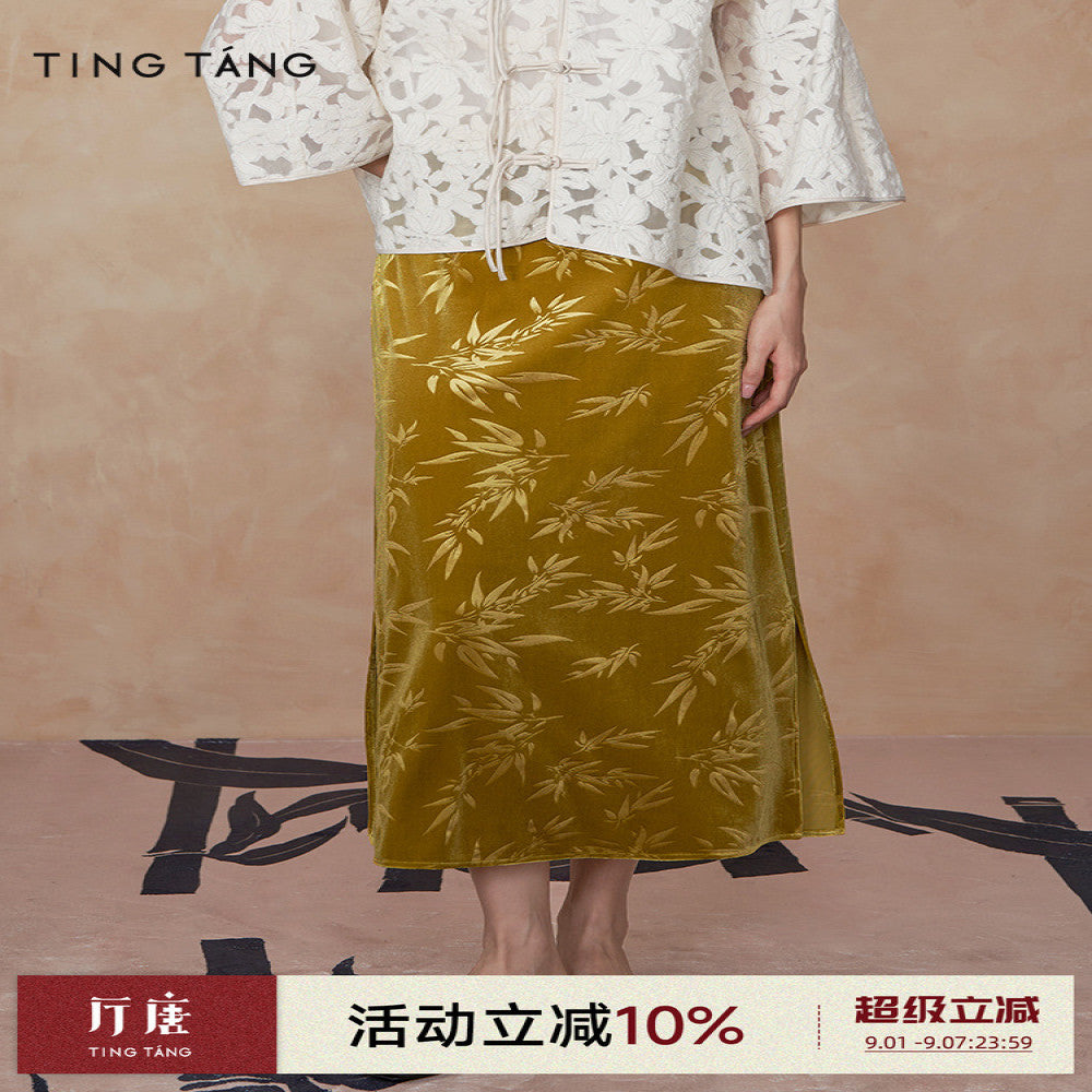 Tang style midi skirt for women made of glass gold velvet with a new Chinese style bamboo leaf pattern design exuding a luxurious and luxurious atmosphere with an ancient charm and a long skirt for sp image 0