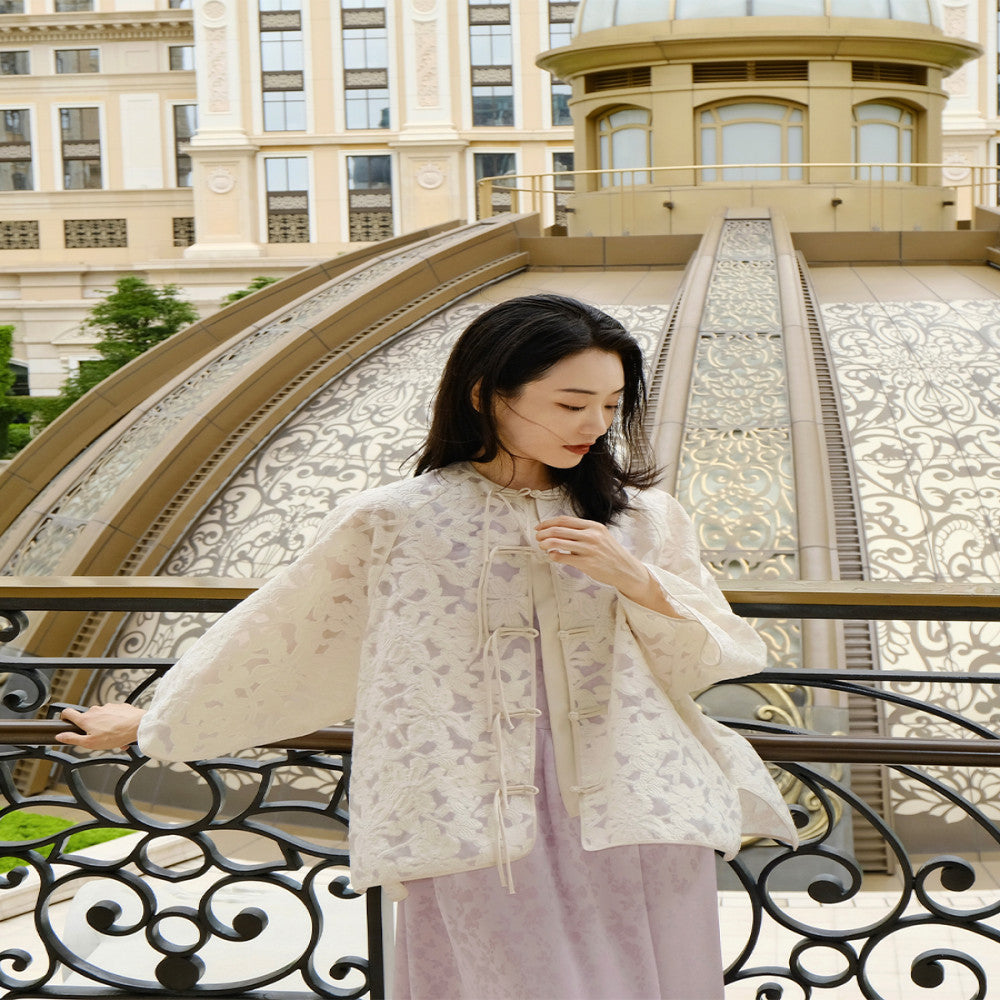 Ting Tang Celebrity Style Jacquard New Chinese Style Jacket Women s Three quarter Sleeve Hollow Button Chinese Style Short Top image 2