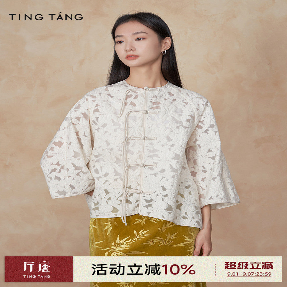 Ting Tang Celebrity Style Jacquard New Chinese Style Jacket Women s Three quarter Sleeve Hollow Button Chinese Style Short Top image 0