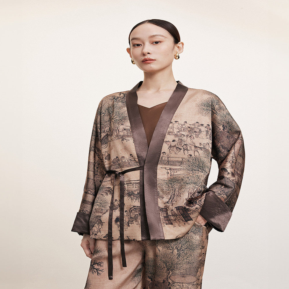 Naive autumn new Chinese style loose V neck lace up top with acetate air conditioning thin jacket for women image 3