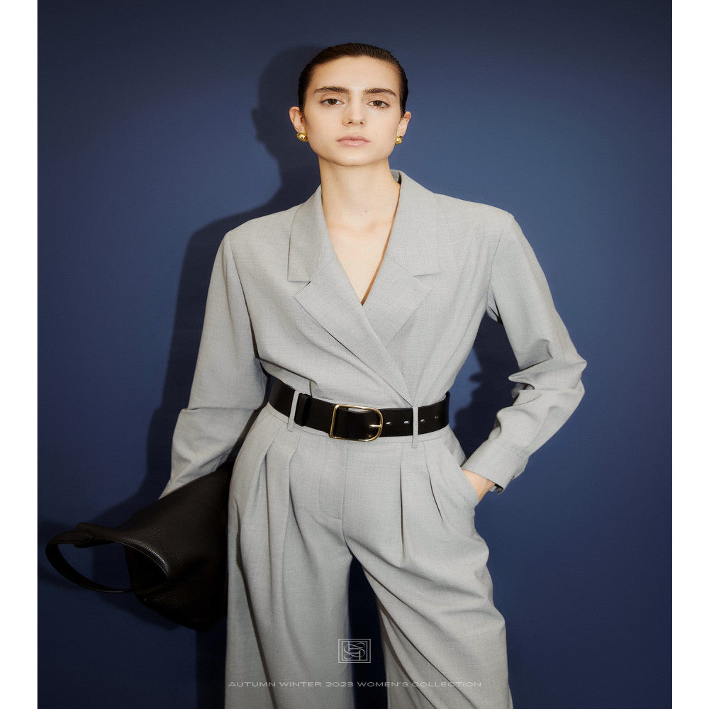 Le Samedi Stylish office lady custom color wool shirt wide leg pants set image 0