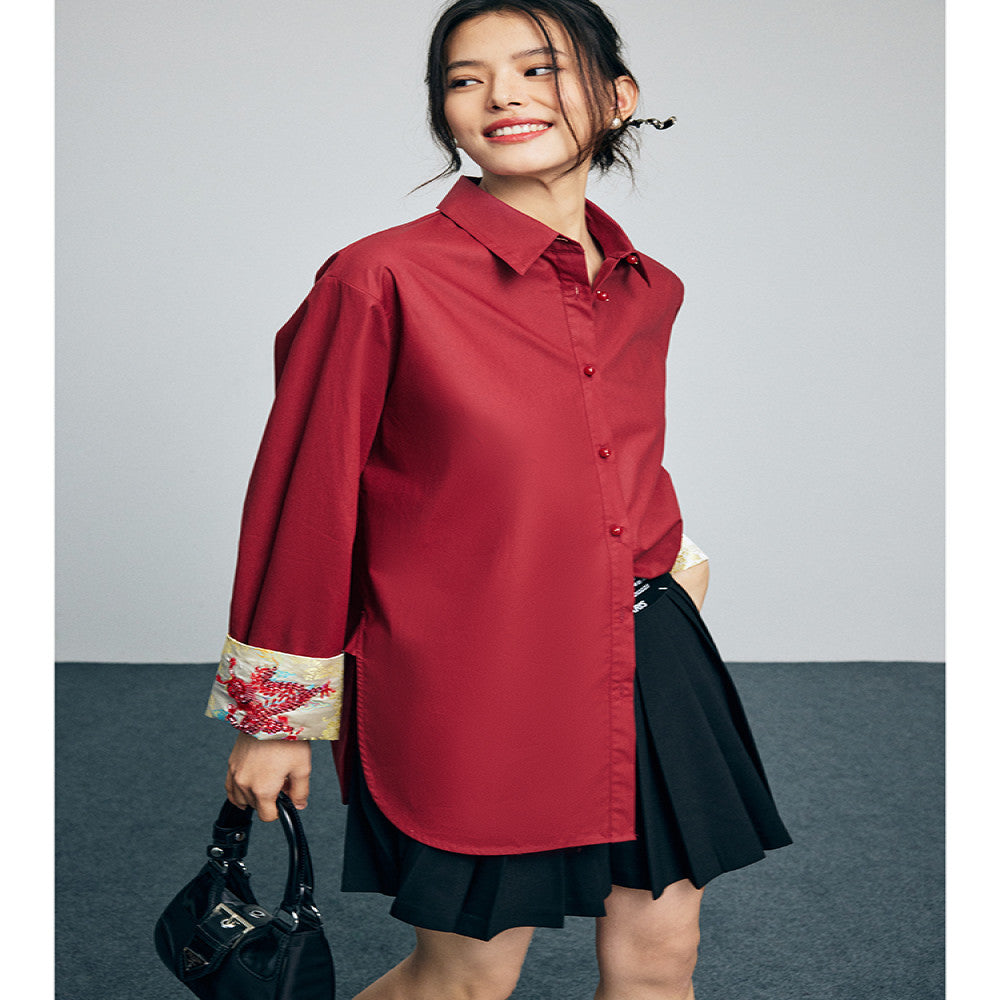 In stock Dragon Pattern Heavy Industry handmade nail bead dragon totem embroidery lapel loose silhouette poplin cotton shirt top image 2