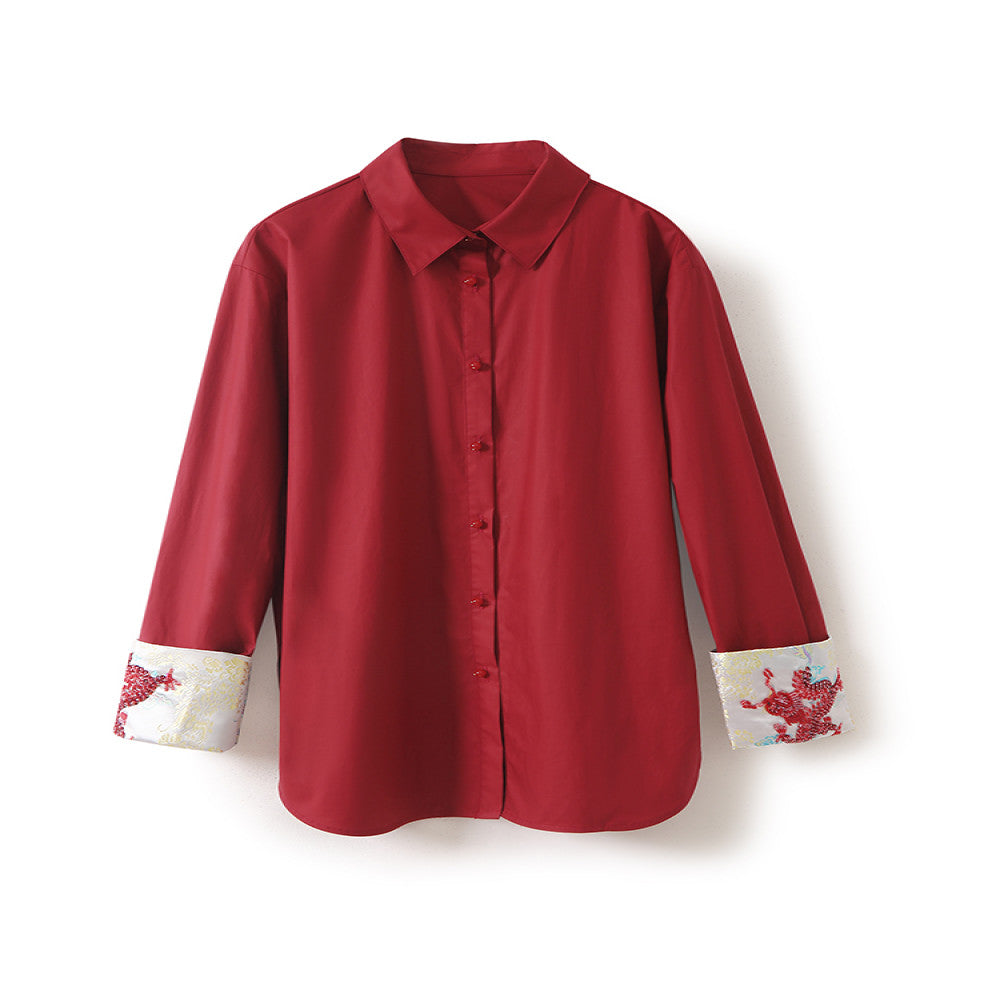 In stock Dragon Pattern Heavy Industry handmade nail bead dragon totem embroidery lapel loose silhouette poplin cotton shirt top image 5