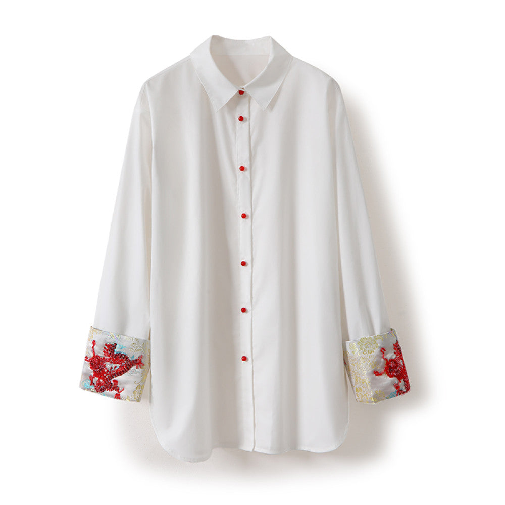 In stock Dragon Pattern Heavy Industry handmade nail bead dragon totem embroidery lapel loose silhouette poplin cotton shirt top image 6