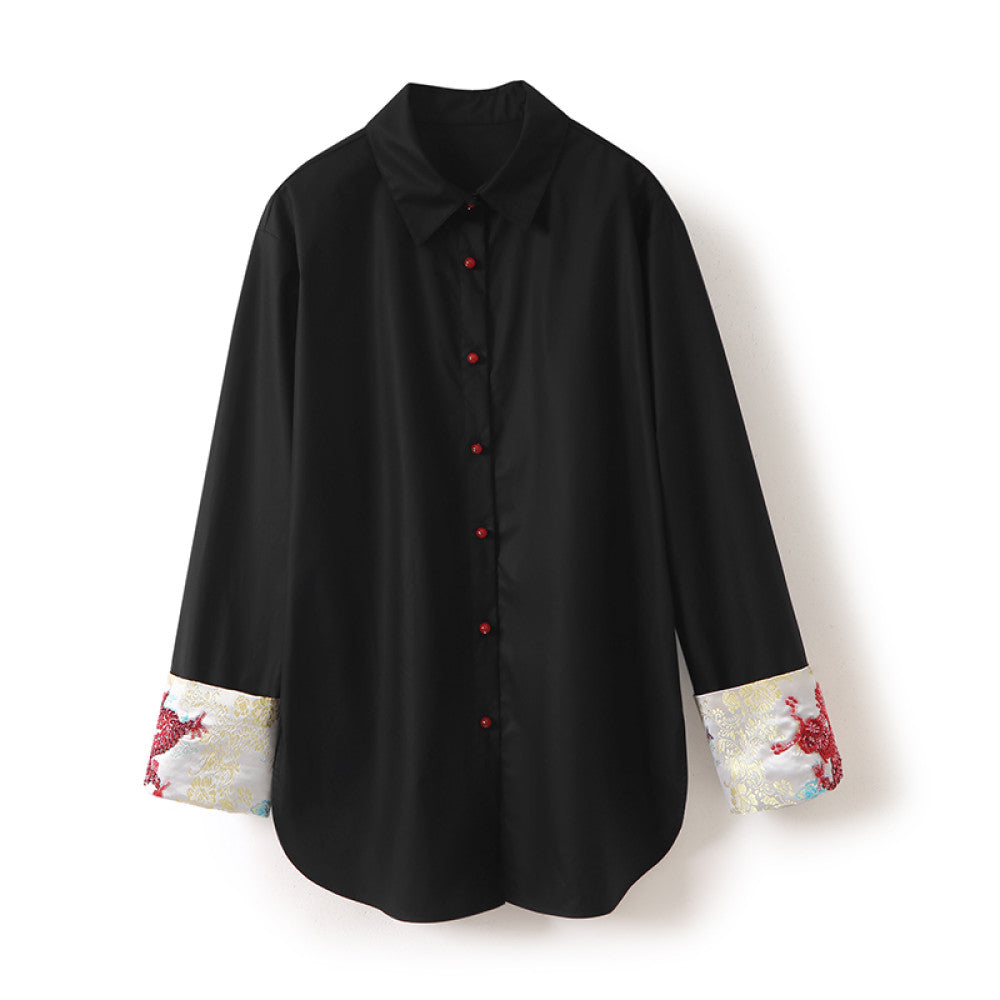 In stock Dragon Pattern Heavy Industry handmade nail bead dragon totem embroidery lapel loose silhouette poplin cotton shirt top image 20