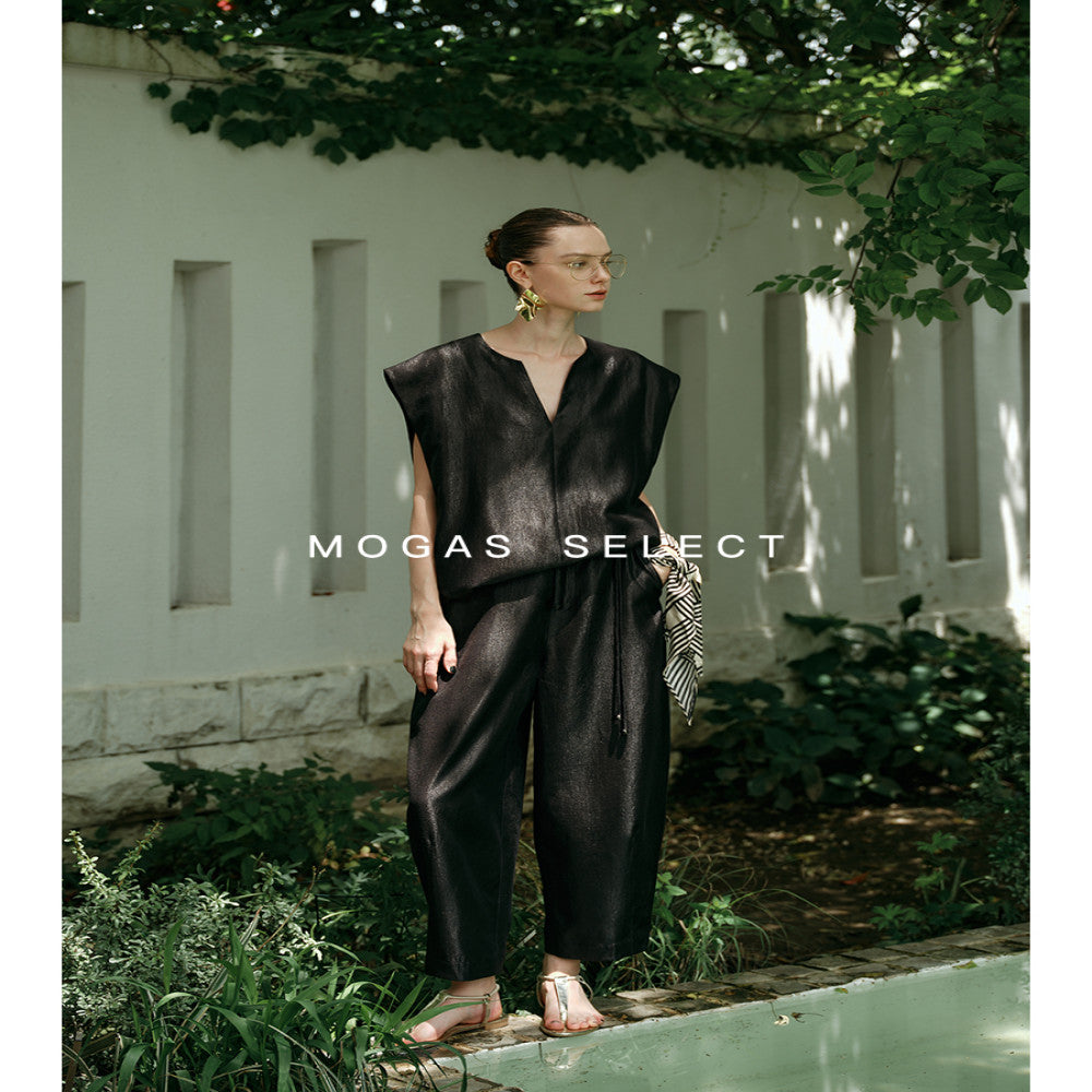 Mogas South French holiday heavyweight Lyocell blend French V neck T shirt sleeveless top vest women s summer outerwear image 2